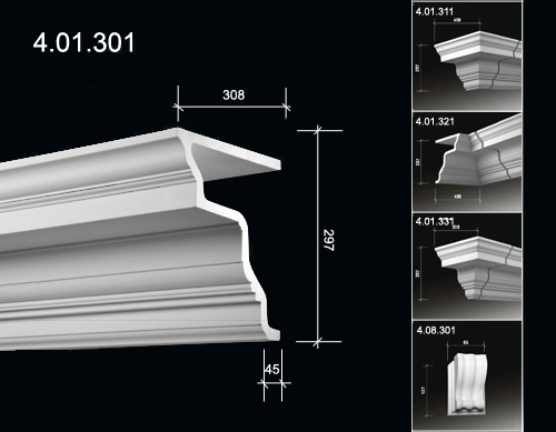 4.01.301 Polyurethane cornices with a smooth profile